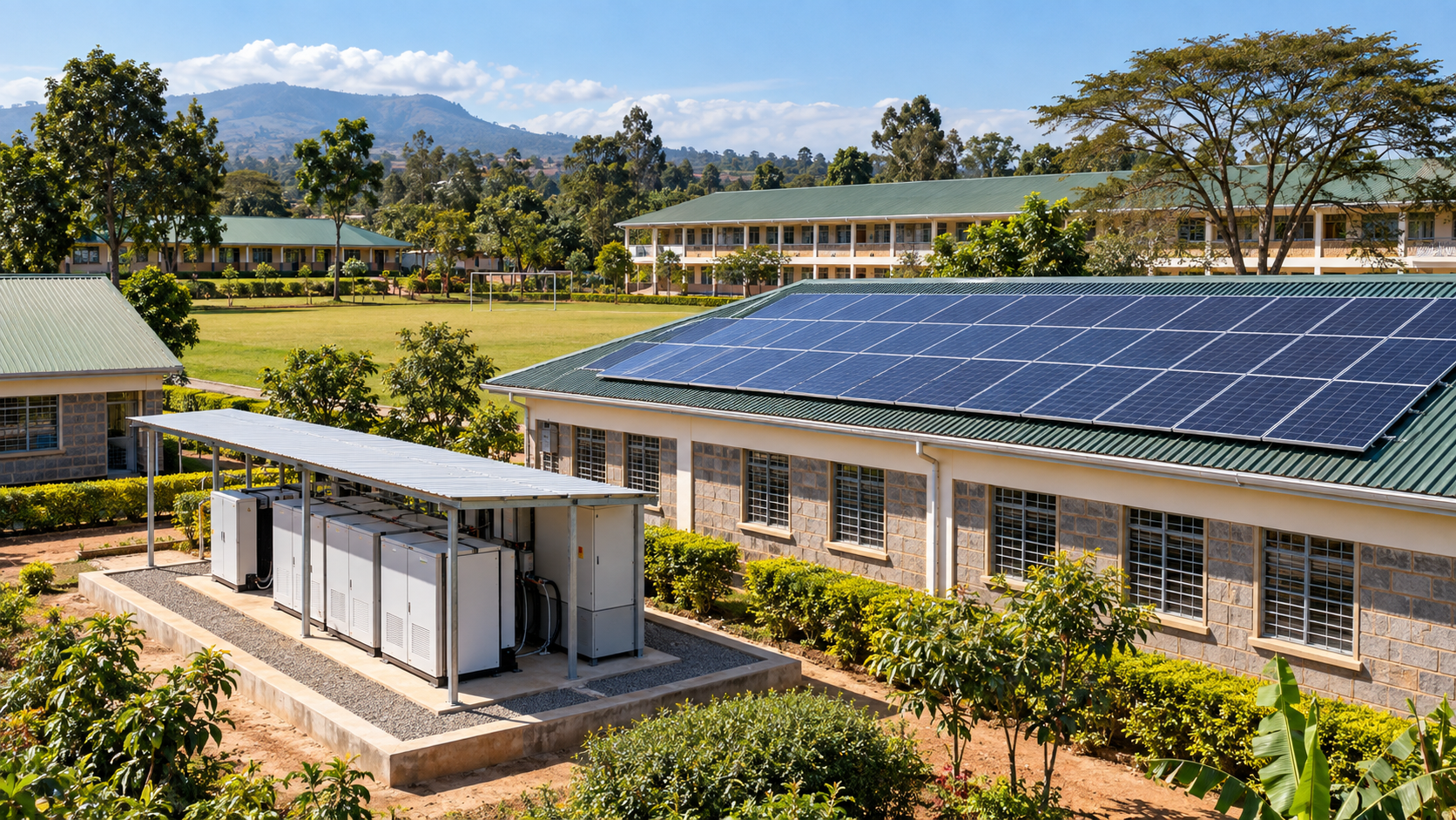 Illustrative concept of solar panels and energy storage at a school